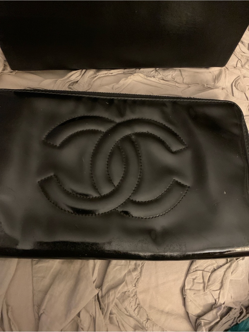 Chanel black patent leather oversized wallet